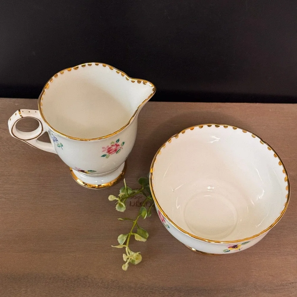 Vintage Royal Stafford Rose Pansy Forget Me Not Bone China Creamer & Sugar set